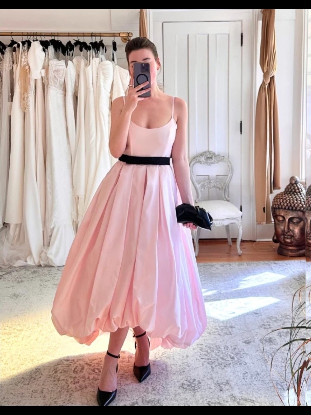 Elegant Pink HUTCH Bubble Hem Midi Dress with Black Waistband